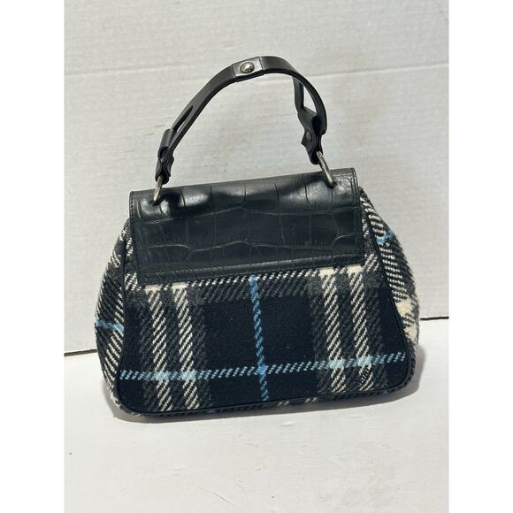 BURBERRY LONDON Croc Embossed Leather Tartan Wool Satchel Purse Bag Authentic - Picture 5 of 16